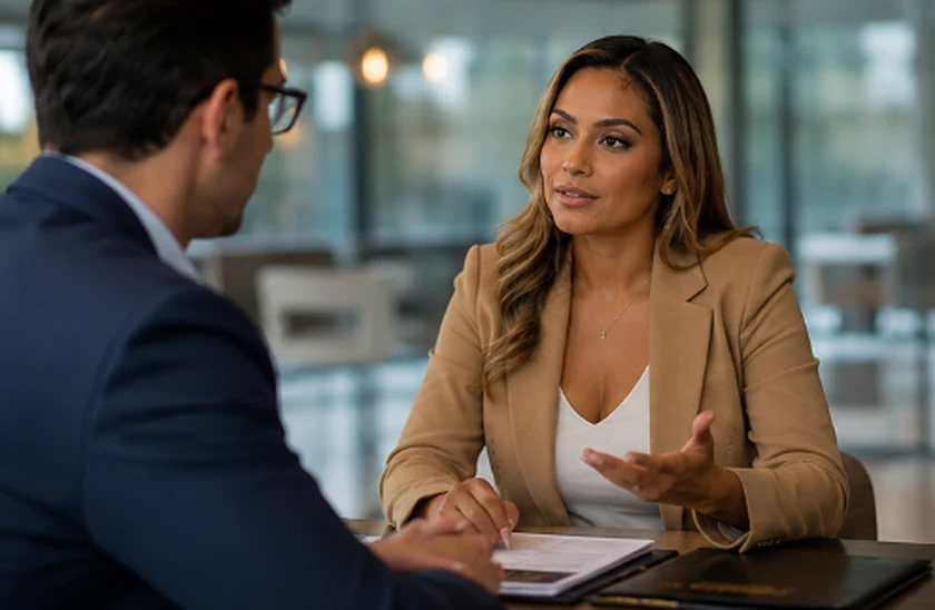 Fina Flores-Corchado advising a client across her desk