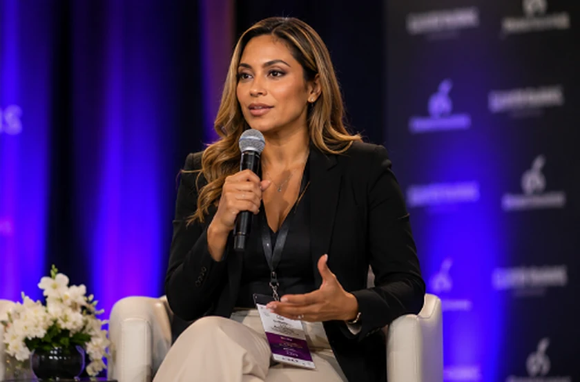 Fina Flores-Corchado speaking on stage about business funding